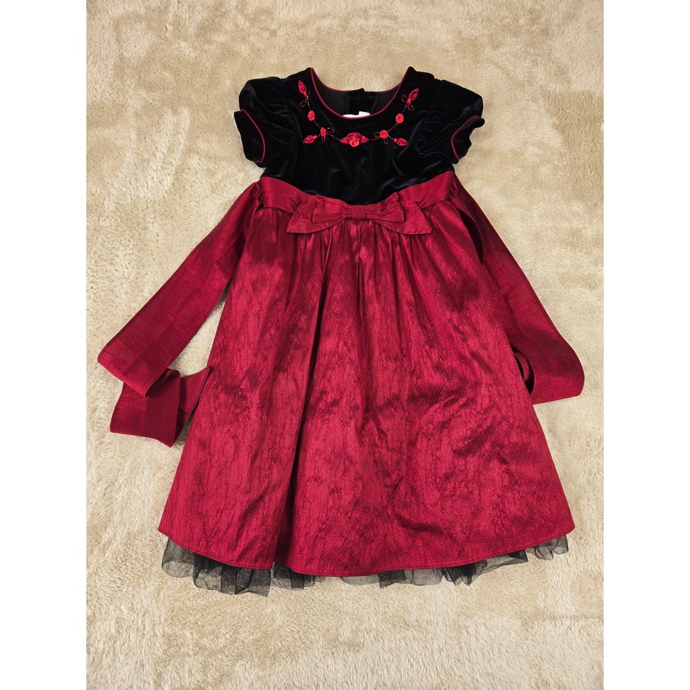 Jona Michelle Girls Black Velvet Red Rose Trim Dress Sparkle Skirt Size 6